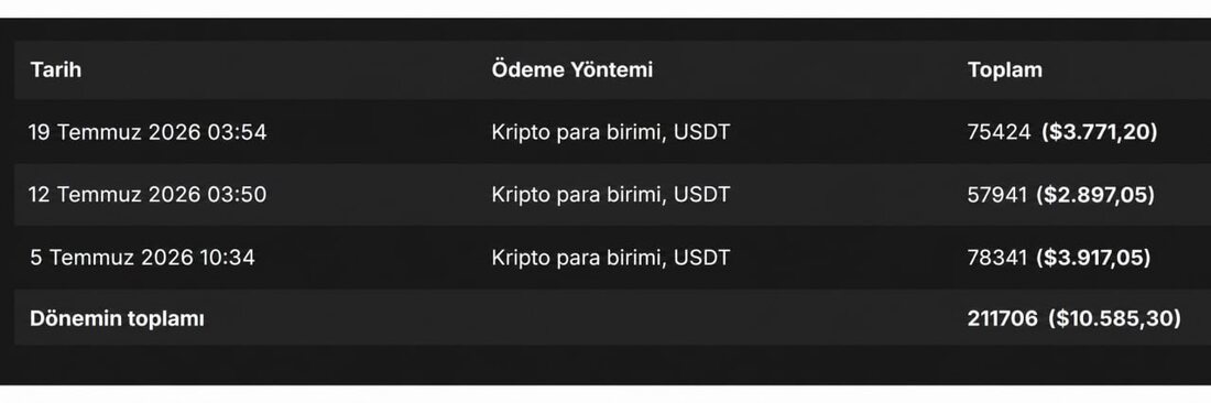 Üç haftalık ödeme dökümü: 5, 12 ve 19 Temmuz tarihli USDT ödemeleri